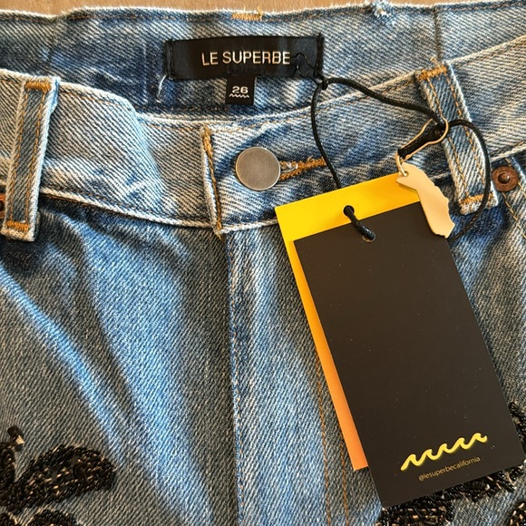 Le Superbe Straight Leg Blue Jeans with black embellishments. Size 26. NWOT - Picture 6 of 7